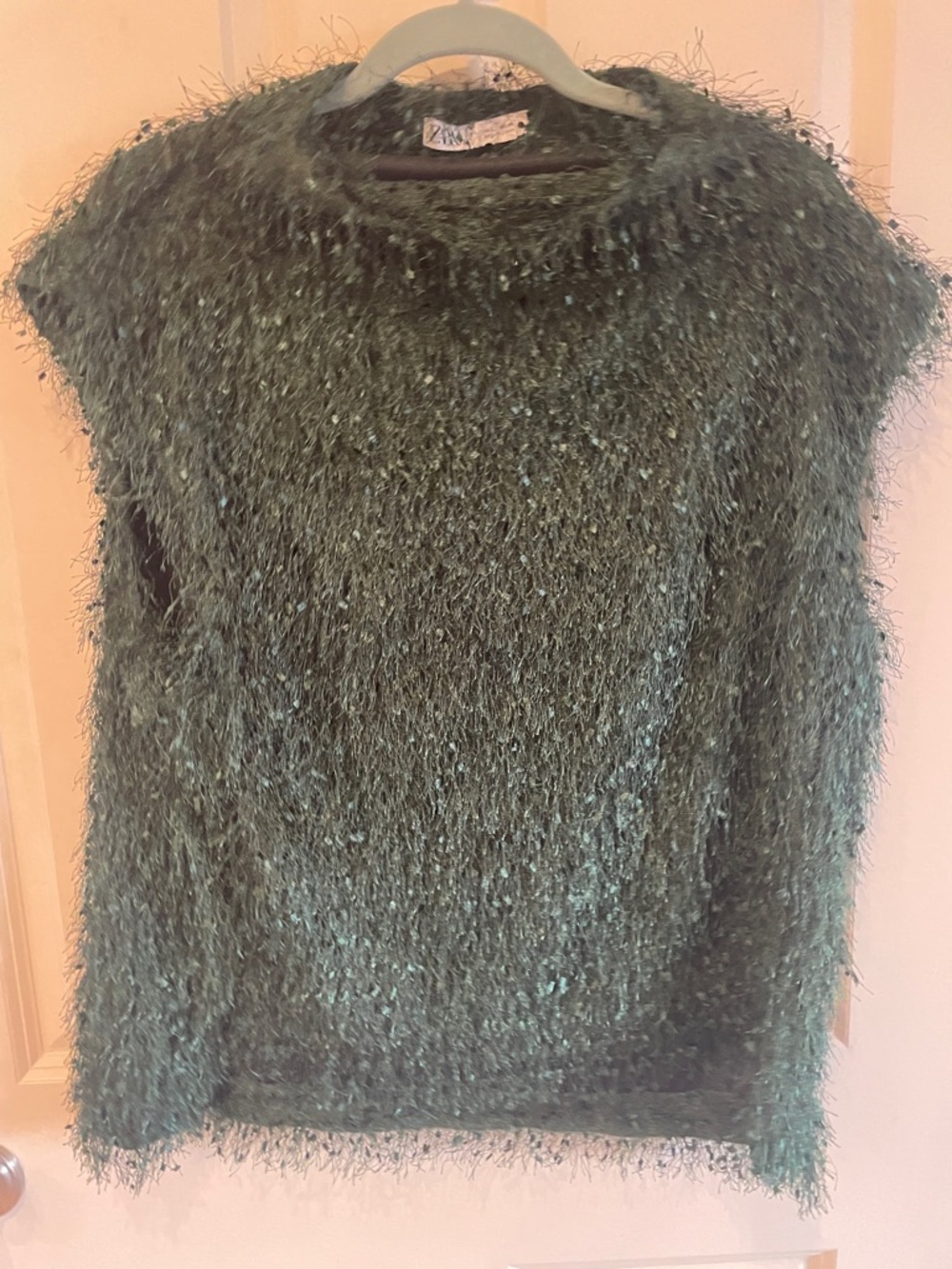 Zara Green Fuzzy Eyelash Crew Neck Sweater
